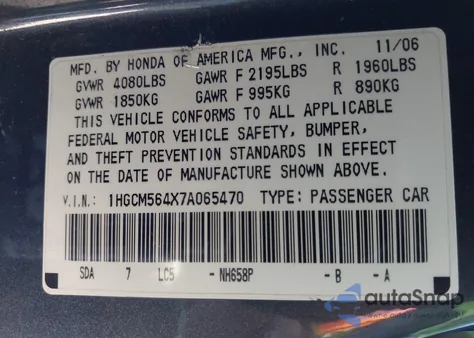 2007 Honda Accord 2.4 Lx z USA, uszkodzony, nr VIN 1HGCM564X7A065470